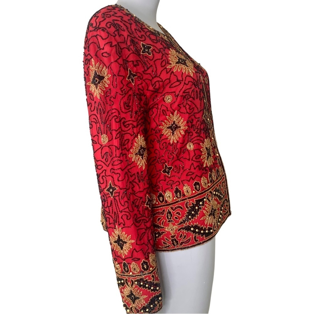 Adrianna Papell Boutique Evening Jacket Vintage 90’s Silk Beaded Red Gold 12 - Picture 7 of 16